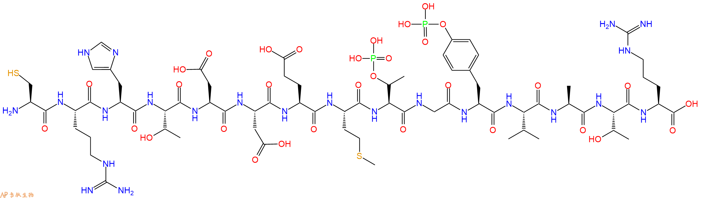 专肽生物产品H2N-Cys-Arg-His-Thr-Asp-Asp-Glu-Met-pThr-Gly-Tyr(PO3H2)-Val-Ala-Thr-Arg-OH