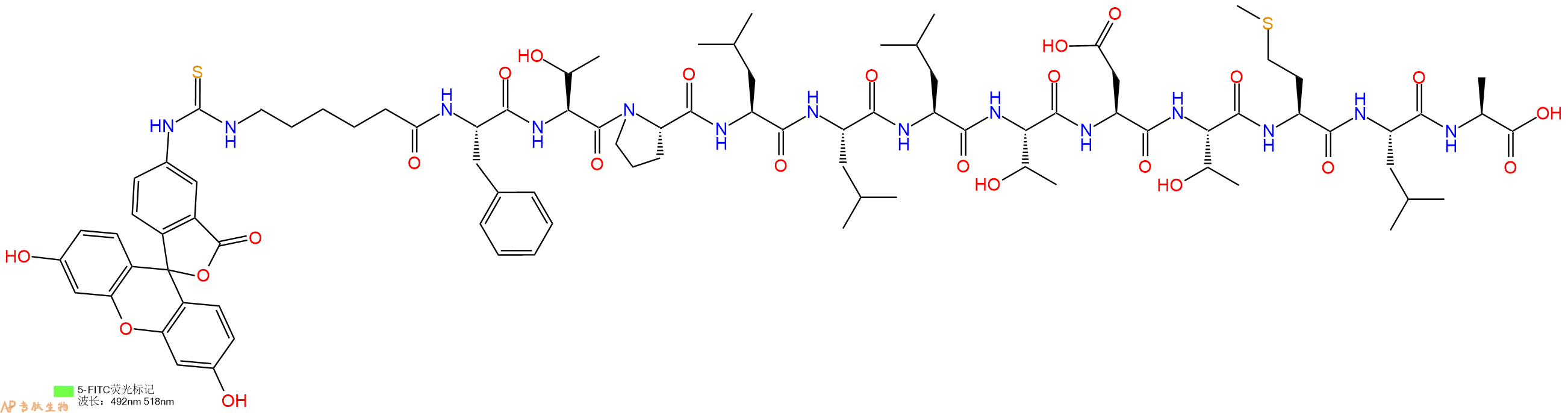 专肽生物产品5FITC-Ahx-Phe-Thr-Pro-Leu-Leu-Leu-Thr-Asp-Thr-Met-Leu-Ala-OH