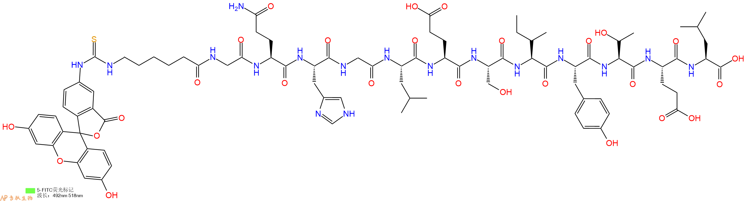 专肽生物产品5FITC-Ahx-Gly-Gln-His-Gly-Leu-Glu-Ser-Ile-Tyr-Thr-Glu-Leu-OH