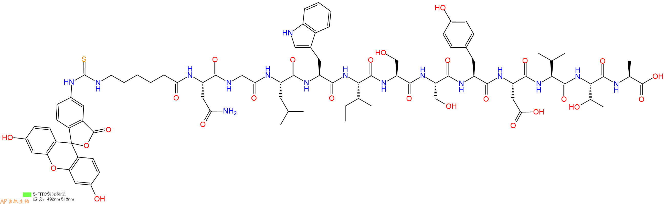 专肽生物产品5FITC-Ahx-Asn-Gly-Leu-Trp-Ile-Ser-Ser-Tyr-Asp-Val-Thr-Ala-OH