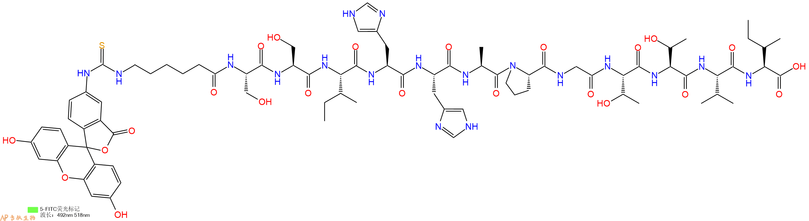 专肽生物产品5FITC-Ahx-Ser-Ser-Ile-His-His-Ala-Pro-Gly-Thr-Thr-Val-Ile-OH
