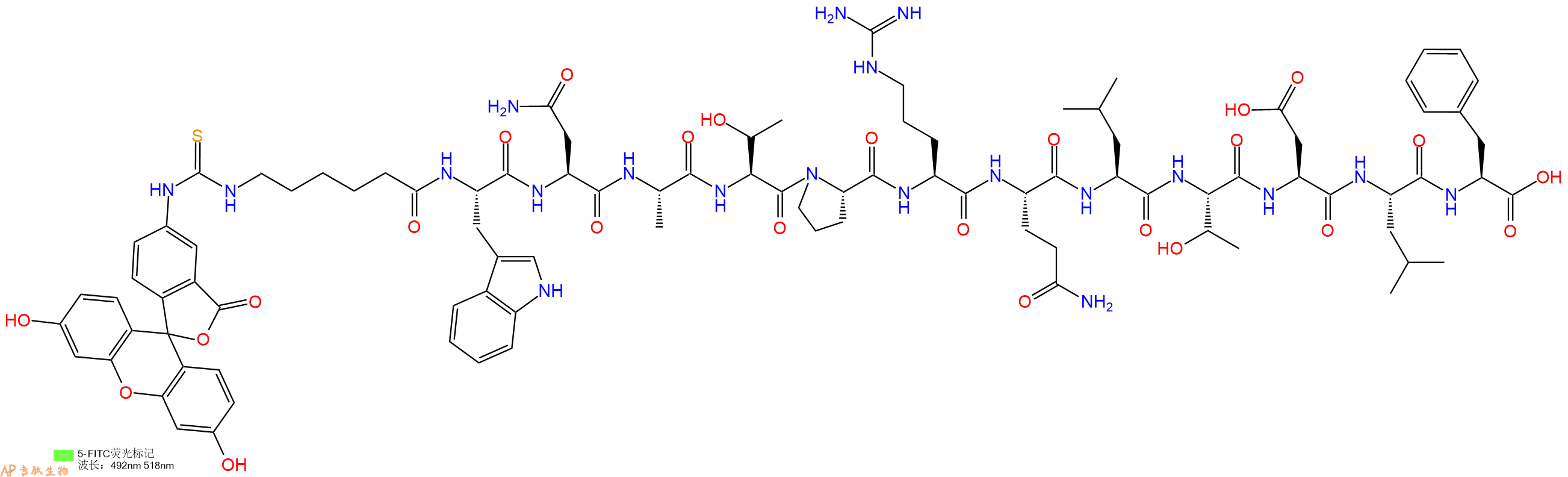 专肽生物产品5FITC-Ahx-Trp-Asn-Ala-Thr-Pro-Arg-Gln-Leu-Thr-Asp-Leu-Phe-OH