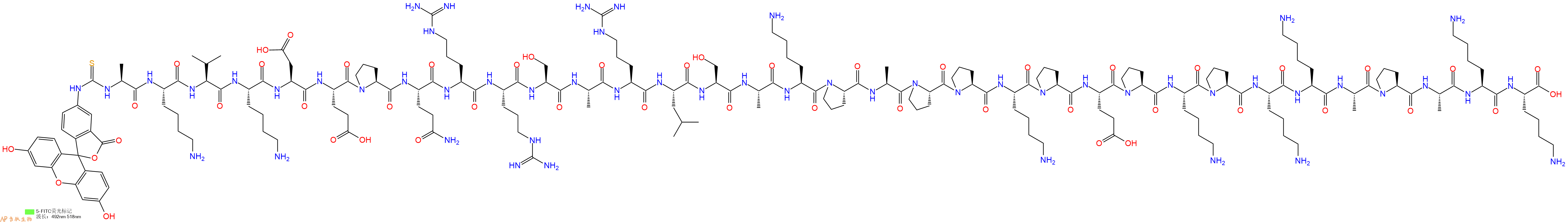 专肽生物产品5FITC-Ala-Lys-Val-Lys-Asp-Glu-Pro-Gln-Arg-Arg-Ser-Ala-Arg-Leu-Ser-Ala-Lys-Pro-Ala-Pro-Pro-Lys-Pro-Glu-Pro-Lys-Pro-Lys-Lys-Ala-Pro-Ala-Lys-Lys-OH