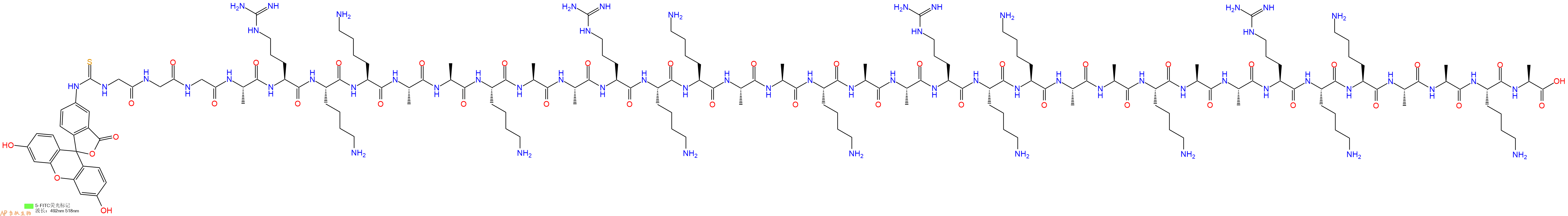 专肽生物产品5FITC-Gly-Gly-Gly-Ala-Arg-Lys-Lys-Ala-Ala-Lys-Ala-Ala-Arg-Lys-Lys-Ala-Ala-Lys-Ala-Ala-Arg-Lys-Lys-Ala-Ala-Lys-Ala-Ala-Arg-Lys-Lys-Ala-Ala-Lys-Ala-OH