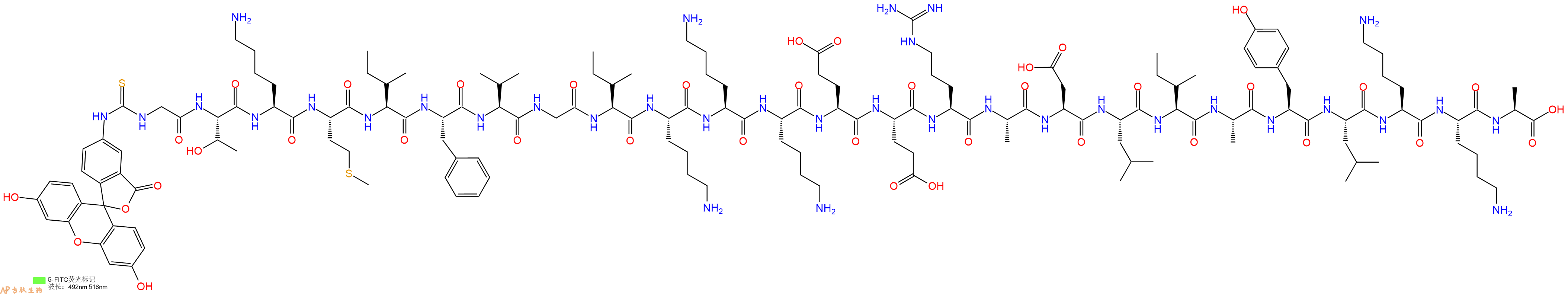 专肽生物产品5FITC-Gly-Thr-Lys-Met-Ile-Phe-Val-Gly-Ile-Lys-Lys-Lys-Glu-Glu-Arg-Ala-Asp-Leu-Ile-Ala-Tyr-Leu-Lys-Lys-Ala-OH
