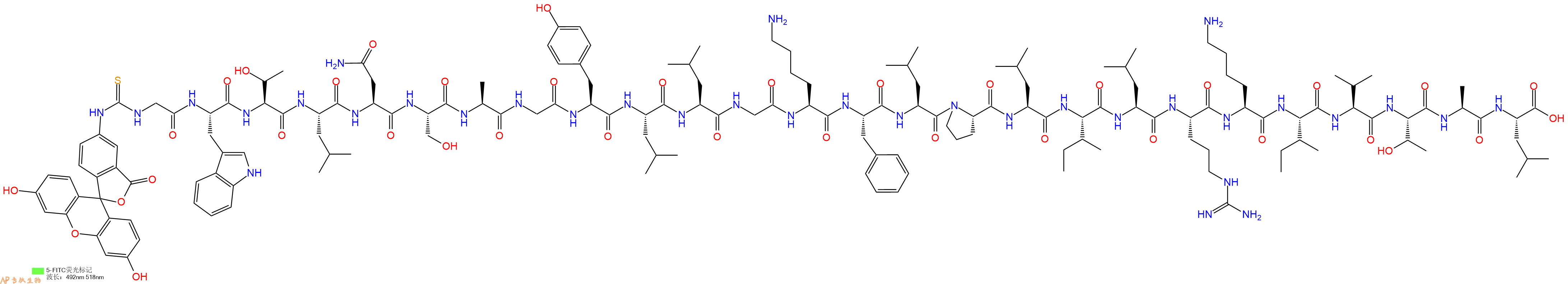 专肽生物产品5FITC-Gly-Trp-Thr-Leu-Asn-Ser-Ala-Gly-Tyr-Leu-Leu-Gly-Lys-Phe-Leu-Pro-Leu-Ile-Leu-Arg-Lys-Ile-Val-Thr-Ala-Leu-OH