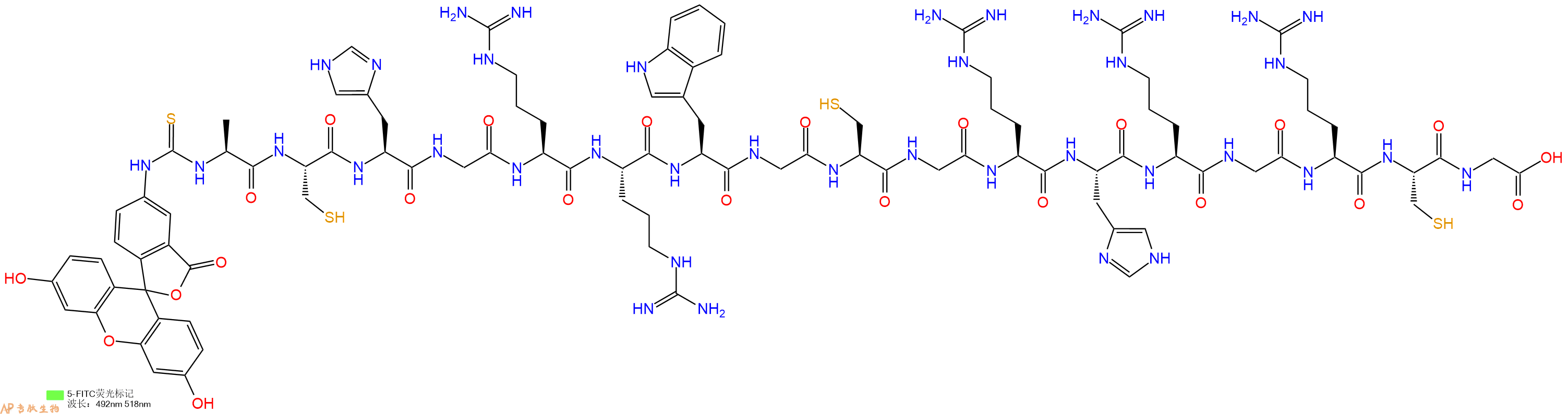 专肽生物产品5FITC-Ala-Cys-His-Gly-Arg-Arg-Trp-Gly-Cys-Gly-Arg-His-Arg-Gly-Arg-Cys-Gly-OH