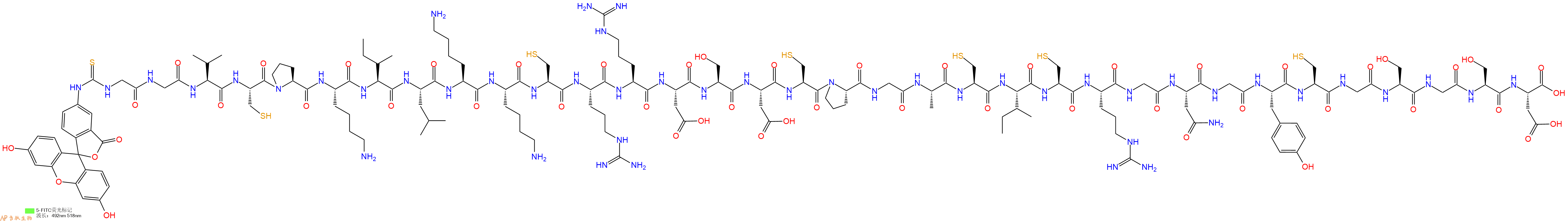 专肽生物产品5FITC-Gly-Gly-Val-Cys-Pro-Lys-Ile-Leu-Lys-Lys-Cys-Arg-Arg-Asp-Ser-Asp-Cys-Pro-Gly-Ala-Cys-Ile-Cys-Arg-Gly-Asn-Gly-Tyr-Cys-Gly-Ser-Gly-Ser-Asp-OH