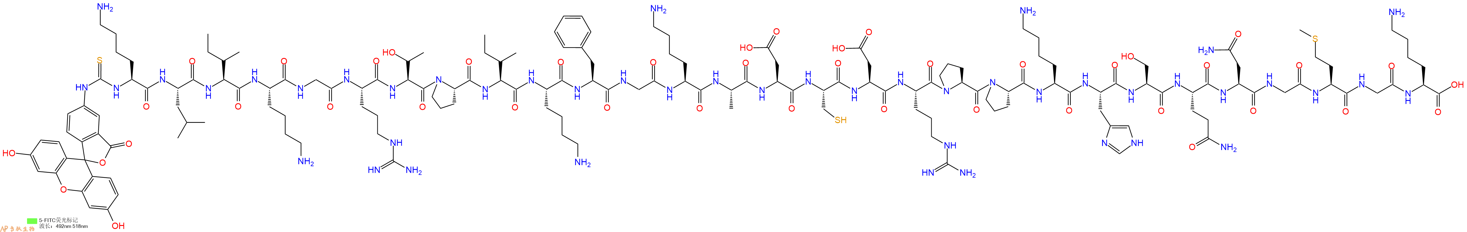 专肽生物产品5FITC-Lys-Leu-Ile-Lys-Gly-Arg-Thr-Pro-Ile-Lys-Phe-Gly-Lys-Ala-Asp-Cys-Asp-Arg-Pro-Pro-Lys-His-Ser-Gln-Asn-Gly-Met-Gly-Lys-OH