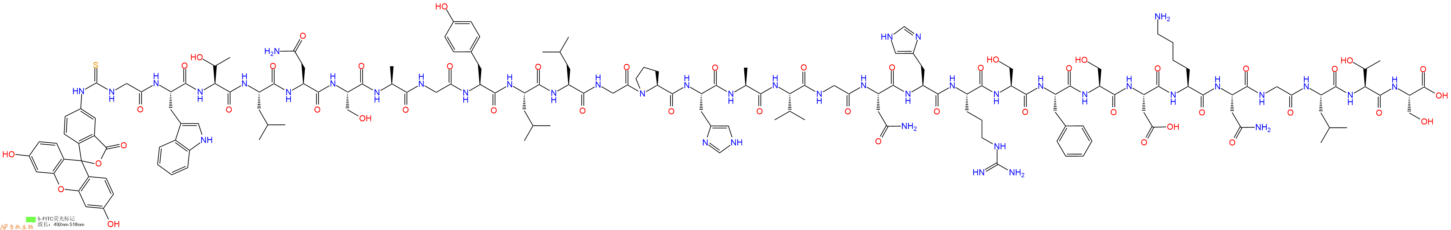 专肽生物产品5FITC-Gly-Trp-Thr-Leu-Asn-Ser-Ala-Gly-Tyr-Leu-Leu-Gly-Pro-His-Ala-Val-Gly-Asn-His-Arg-Ser-Phe-Ser-Asp-Lys-Asn-Gly-Leu-Thr-Ser-OH