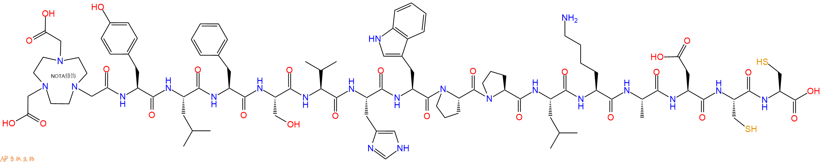 专肽生物产品NOTA-Tyr-Leu-Phe-Ser-Val-His-Trp-Pro-Pro-Leu-Lys-Ala-Asp-Cys-Cys-OH