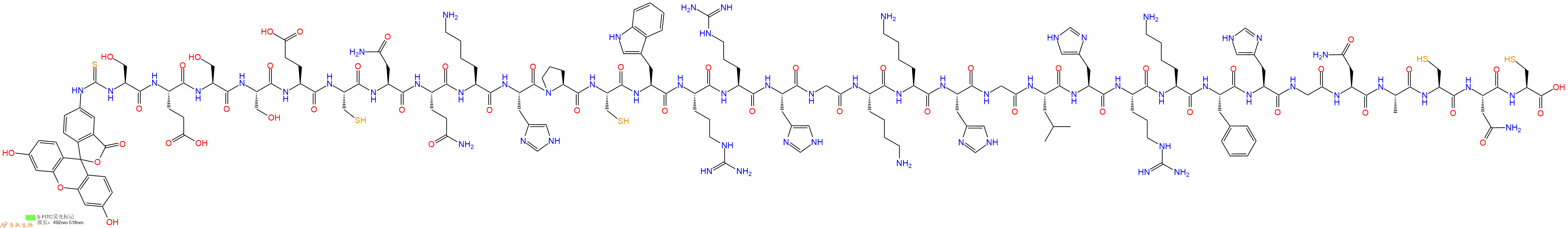 专肽生物产品5FITC-Ser-Glu-Ser-Ser-Glu-Cys-Asn-Gln-Lys-His-Pro-Cys-Trp-Arg-Arg-His-Gly-Lys-Lys-His-Gly-Leu-His-Arg-Lys-Phe-His-Gly-Asn-Ala-Cys-Asn-Cys-OH