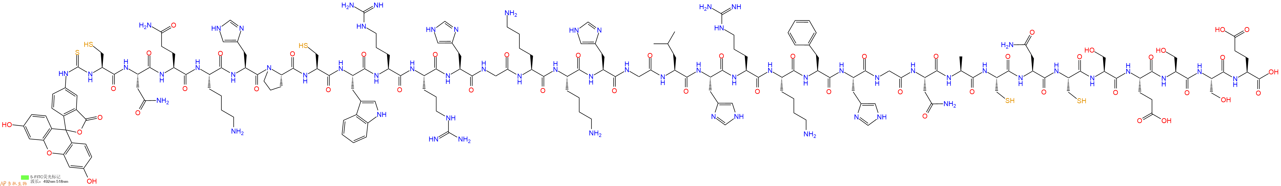 专肽生物产品5FITC-Cys-Asn-Gln-Lys-His-Pro-Cys-Trp-Arg-Arg-His-Gly-Lys-Lys-His-Gly-Leu-His-Arg-Lys-Phe-His-Gly-Asn-Ala-Cys-Asn-Cys-Ser-Glu-Ser-Ser-Glu-OH