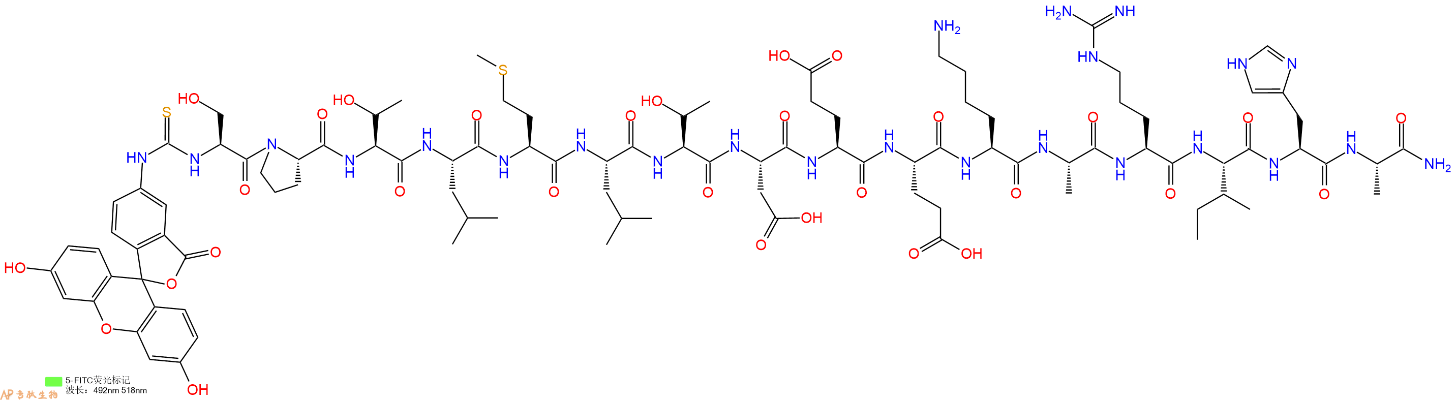 专肽生物产品5FITC-Ser-Pro-Thr-Leu-Met-Leu-Thr-Asp-Glu-Glu-Lys-Ala-Arg-Ile-His-Ala-NH2