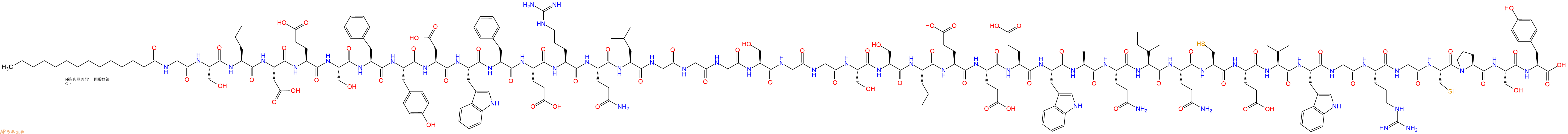 专肽生物产品Myristicacid-Gly-Ser-Leu-Asp-Glu-Ser-Phe-Tyr-Asp-Trp-Phe-Glu-Arg-Gln-Leu-Gly-Gly-Gly-Ser-Gly-Gly-Ser-Ser-Leu-Glu-Glu-Glu-Trp-Ala-Gln-Ile-Gln-Cys-Glu-Val-Trp-Gly-Arg-Gly-Cys-Pro-Ser-Tyr-OH
