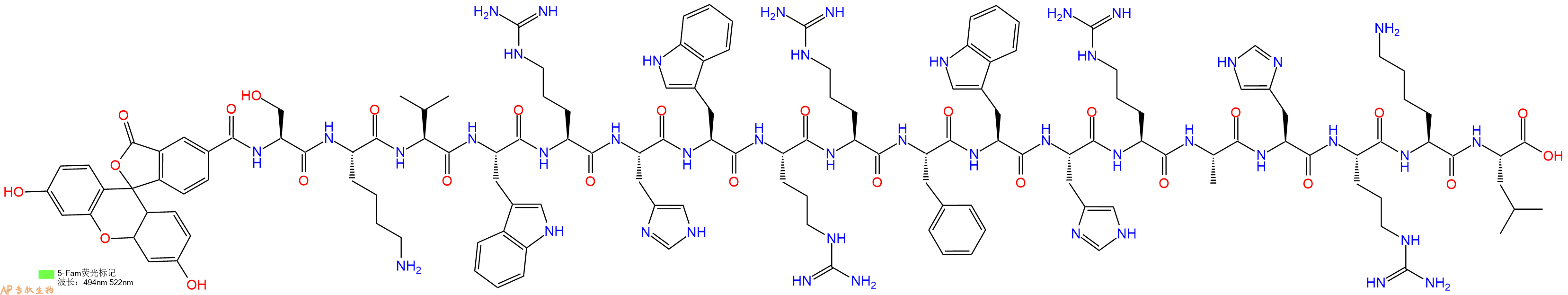 专肽生物产品5FAM-Ser-Lys-Val-Trp-Arg-His-Trp-Arg-Arg-Phe-Trp-His-Arg-Ala-His-Arg-Lys-Leu-OH