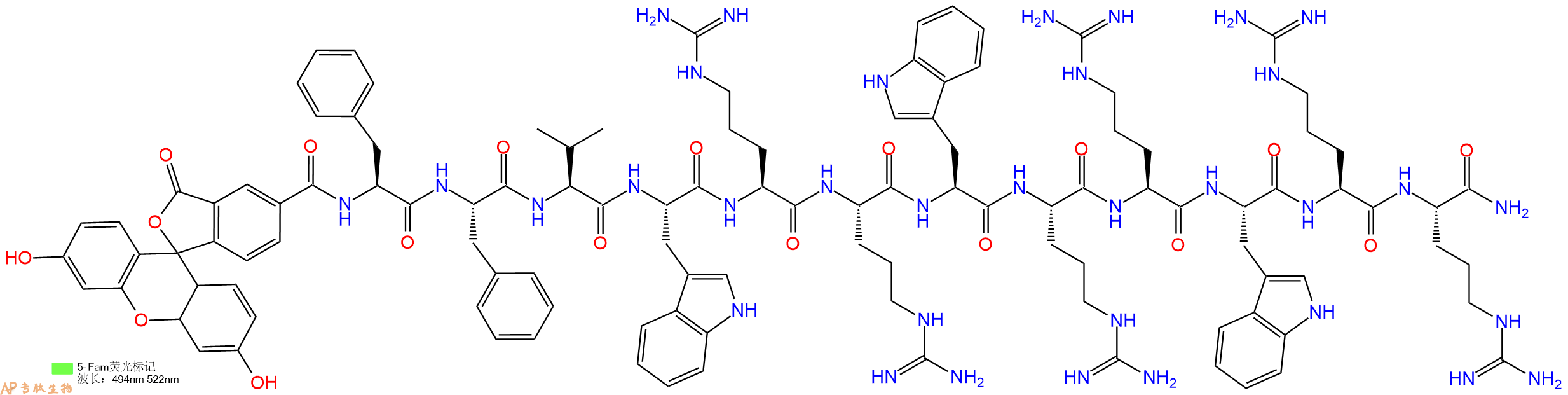 专肽生物产品5FAM-Phe-Phe-Val-Trp-Arg-Arg-Trp-Arg-Arg-Trp-Arg-Arg-NH2