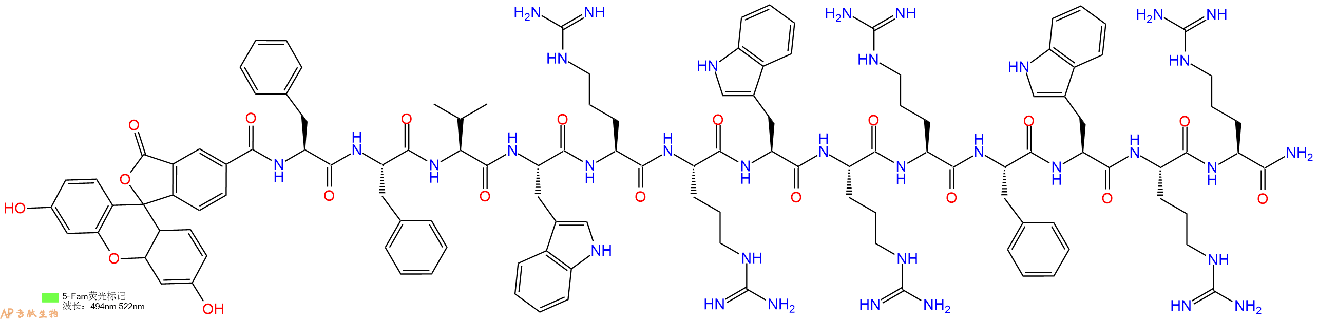 专肽生物产品5FAM-Phe-Phe-Val-Trp-Arg-Arg-Trp-Arg-Arg-Phe-Trp-Arg-Arg-NH2