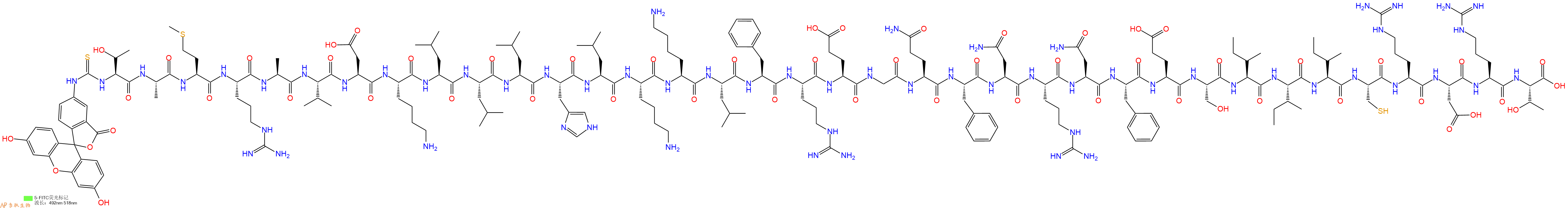 专肽生物产品5FITC-Thr-Ala-Met-Arg-Ala-Val-Asp-Lys-Leu-Leu-Leu-His-Leu-Lys-Lys-Leu-Phe-Arg-Glu-Gly-Gln-Phe-Asn-Arg-Asn-Phe-Glu-Ser-Ile-Ile-Ile-Cys-Arg-Asp-Arg-Thr-OH