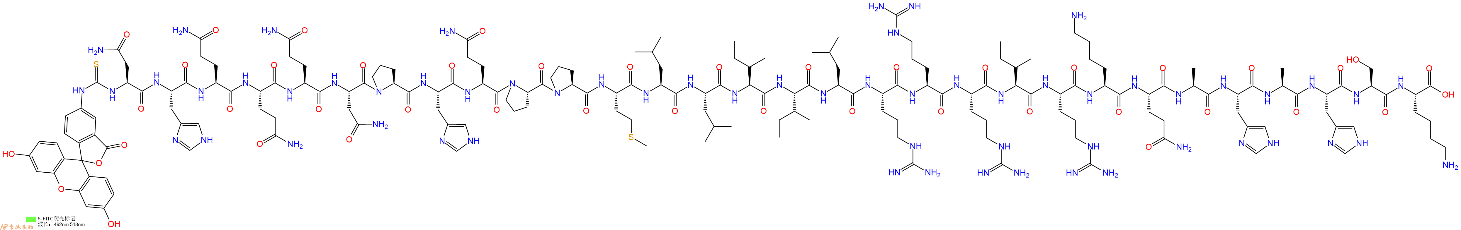 专肽生物产品5FITC-Asn-His-Gln-Gln-Gln-Asn-Pro-His-Gln-Pro-Pro-Met-Leu-Leu-Ile-Ile-Leu-Arg-Arg-Arg-Ile-Arg-Lys-Gln-Ala-His-Ala-His-Ser-Lys-OH