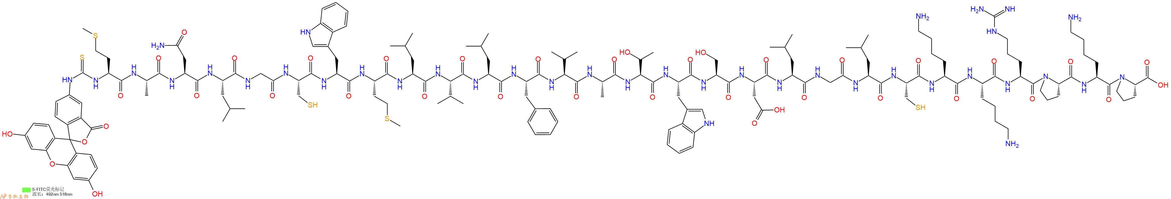 专肽生物产品5FITC-Met-Ala-Asn-Leu-Gly-Cys-Trp-Met-Leu-Val-Leu-Phe-Val-Ala-Thr-Trp-Ser-Asp-Leu-Gly-Leu-Cys-Lys-Lys-Arg-Pro-Lys-Pro-OH