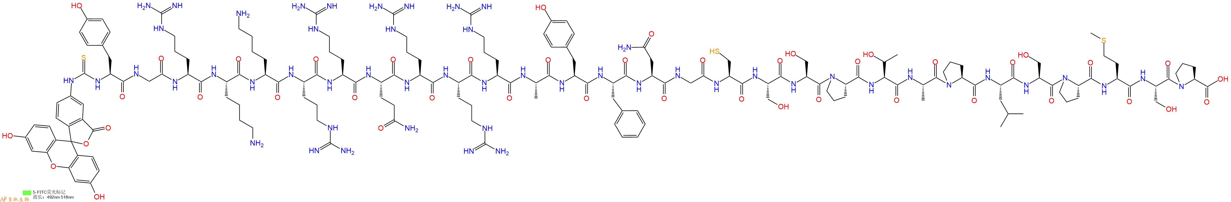 专肽生物产品5FITC-Tyr-Gly-Arg-Lys-Lys-Arg-Arg-Gln-Arg-Arg-Arg-Ala-Tyr-Phe-Asn-Gly-Cys-Ser-Ser-Pro-Thr-Ala-Pro-Leu-Ser-Pro-Met-Ser-Pro-OH