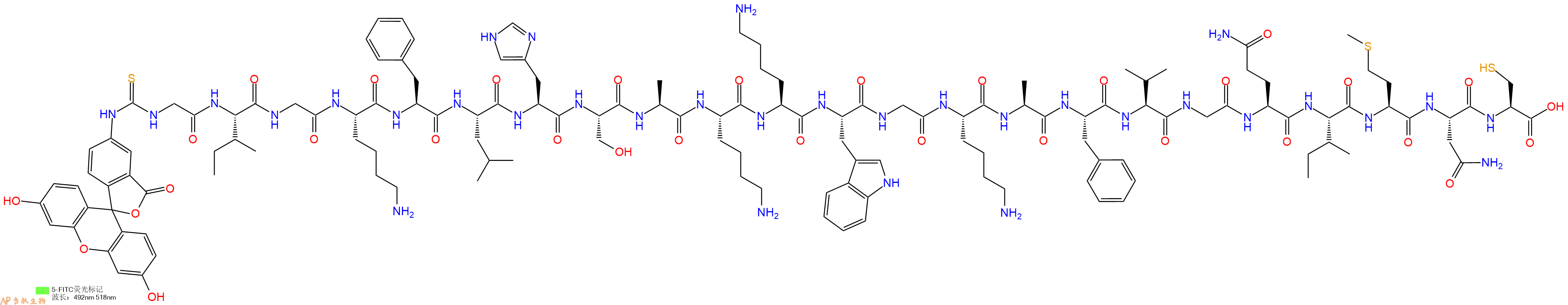 专肽生物产品5FITC-Gly-Ile-Gly-Lys-Phe-Leu-His-Ser-Ala-Lys-Lys-Trp-Gly-Lys-Ala-Phe-Val-Gly-Gln-Ile-Met-Asn-Cys-OH