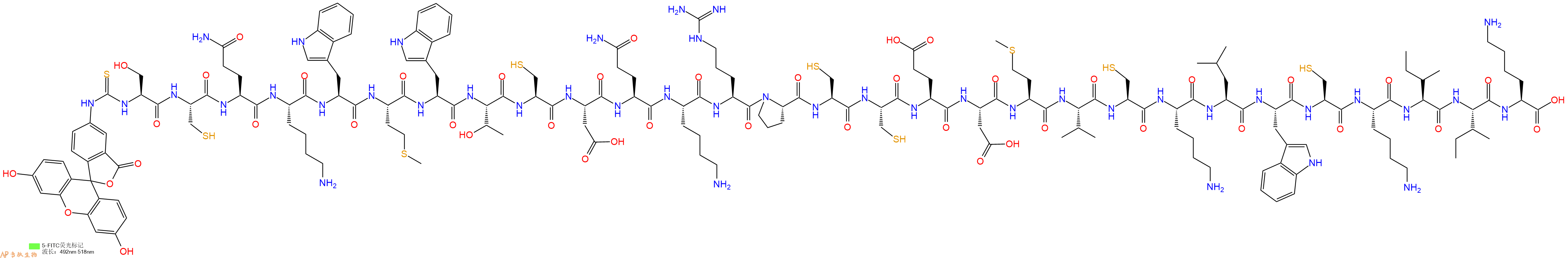专肽生物产品5FITC-Ser-Cys-Gln-Lys-Trp-Met-Trp-Thr-Cys-Asp-Gln-Lys-Arg-Pro-Cys-Cys-Glu-Asp-Met-Val-Cys-Lys-Leu-Trp-Cys-Lys-Ile-Ile-Lys-OH