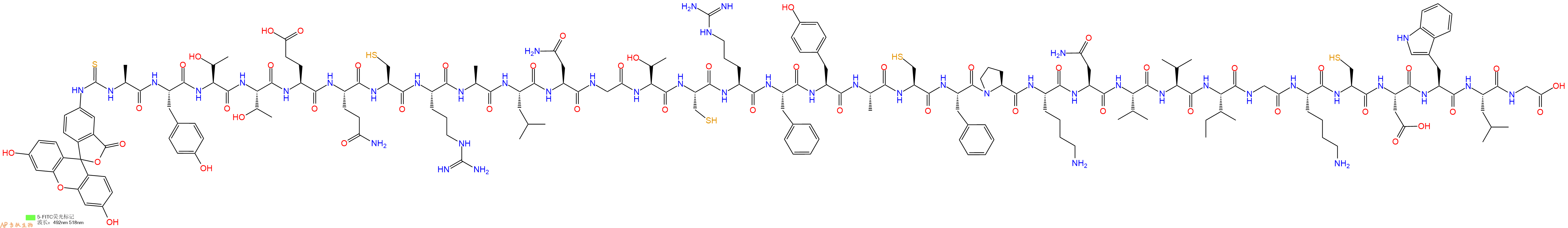 专肽生物产品5FITC-Ala-Tyr-Thr-Thr-Glu-Gln-Cys-Arg-Ala-Leu-Asn-Gly-Thr-Cys-Arg-Phe-Tyr-Ala-Cys-Phe-Pro-Lys-Asn-Val-Val-Ile-Gly-Lys-Cys-Asp-Trp-Leu-Gly-OH