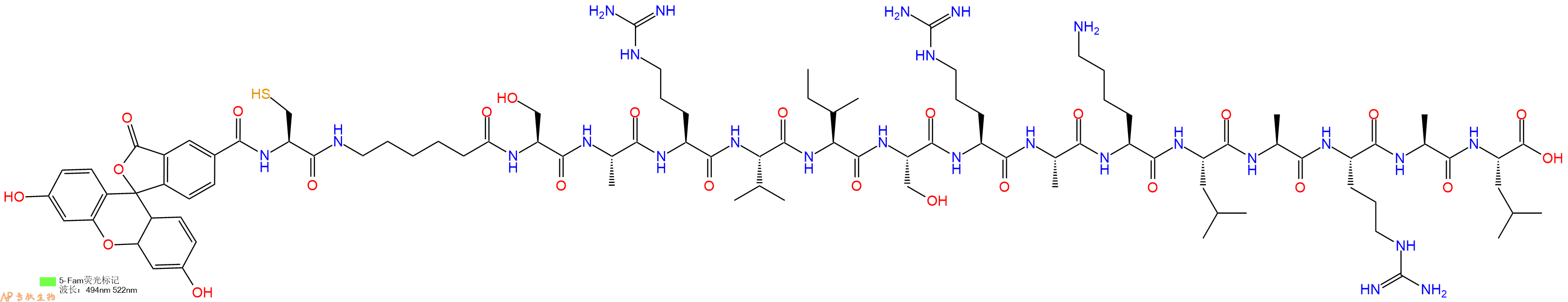 专肽生物产品5FAM-Cys-Ahx-Ser-Ala-Arg-Val-Ile-Ser-Arg-Ala-Lys-Leu-Ala-Arg-Ala-Leu-OH