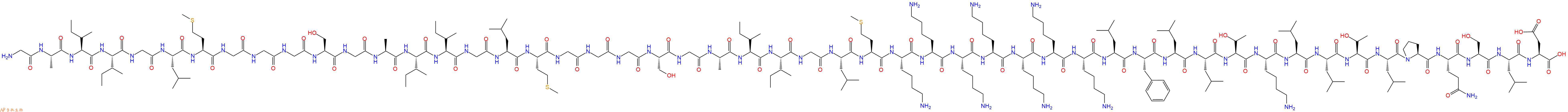 专肽生物产品H2N-Gly-Ala-Ile-Ile-Gly-Leu-Met-Gly-Gly-Gly-Ser-Gly-Ala-Ile-Ile-Gly-Leu-Met-Gly-Gly-Gly-Ser-Gly-Ala-Ile-Ile-Gly-Leu-Met-Lys-Lys-Lys-Lys-Lys-Lys-Lys-Leu-Phe-Leu-Leu-Thr-Lys-Leu-Leu-Thr-Leu-Pro-Gln-Ser-Leu-Asp-OH