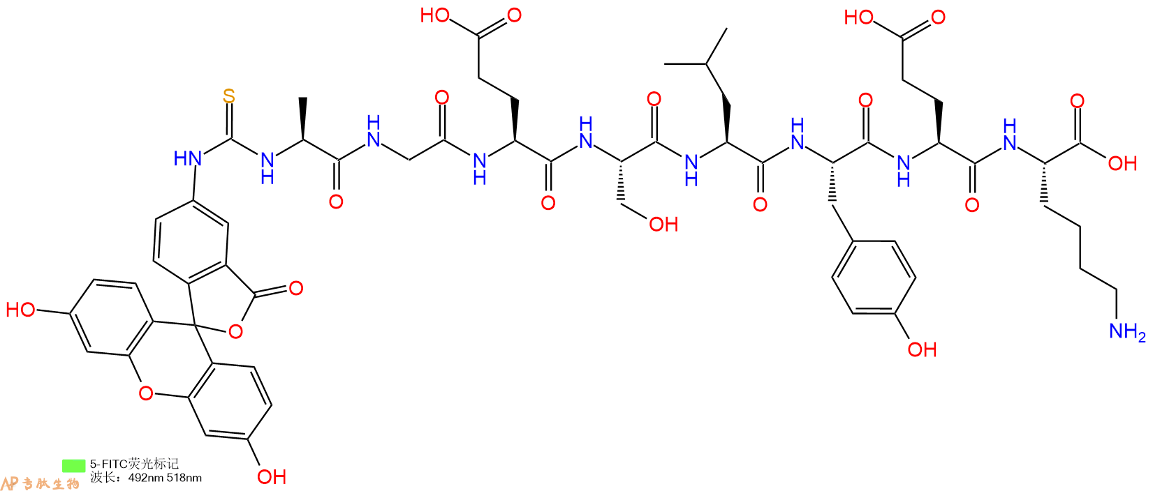 专肽生物产品5FITC-Ala-Gly-Glu-Ser-Leu-Tyr-Glu-Lys-OH