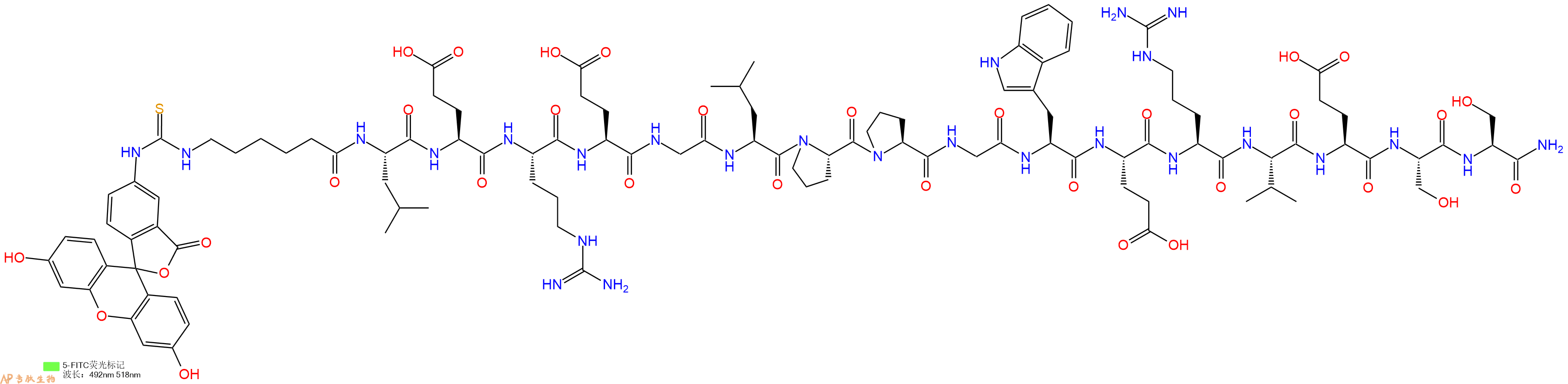 专肽生物产品5FITC-Ahx-Leu-Glu-Arg-Glu-Gly-Leu-Pro-Pro-Gly-Trp-Glu-Arg-Val-Glu-Ser-Ser-NH2