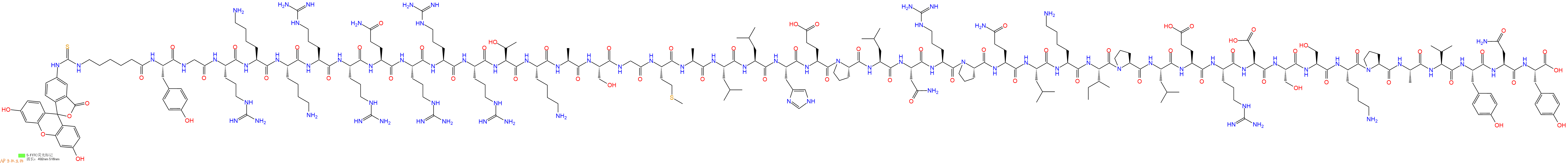 专肽生物产品5FITC-Ahx-Tyr-Gly-Arg-Lys-Lys-Arg-Arg-Gln-Arg-Arg-Arg-Thr-Lys-Ala-Ser-Gly-Met-Ala-Leu-Leu-His-Glu-Pro-Leu-Asn-Arg-Pro-Gln-Leu-Lys-Ile-Pro-Leu-Glu-Arg-Asp-Ser-Ser-Lys-Pro-Ala-Val-Tyr-Asn-Tyr-OH