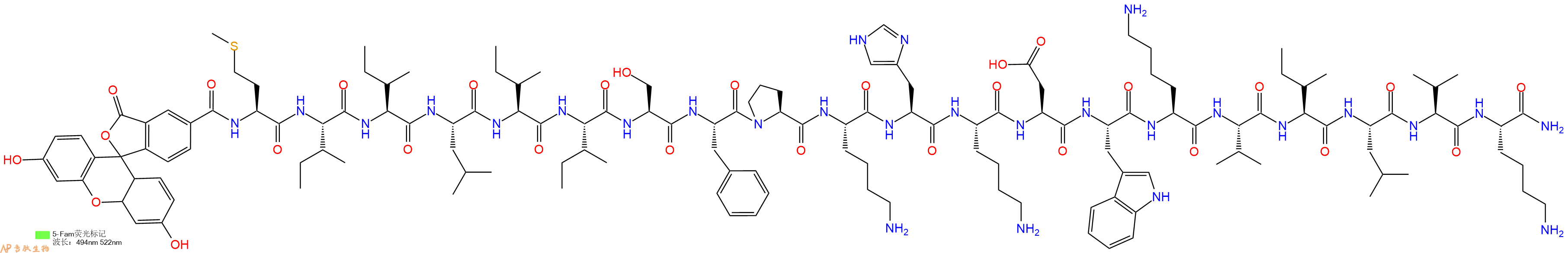 专肽生物产品5FAM-Met-Ile-Ile-Leu-Ile-Ile-Ser-Phe-Pro-Lys-His-Lys-Asp-Trp-Lys-Val-Ile-Leu-Val-Lys-NH2