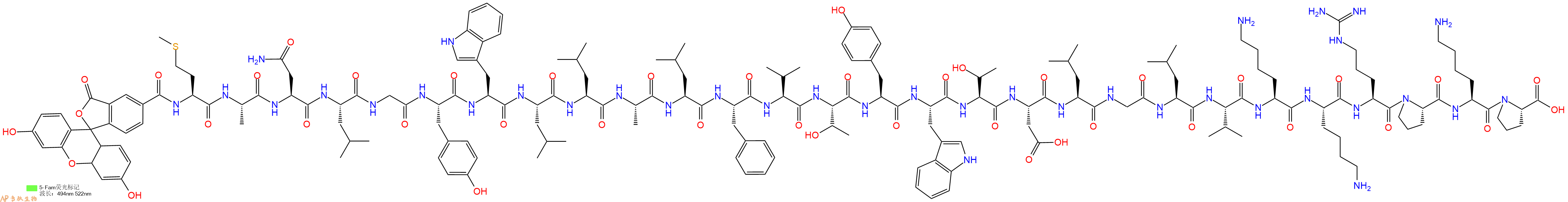 专肽生物产品5FAM-Met-Ala-Asn-Leu-Gly-Tyr-Trp-Leu-Leu-Ala-Leu-Phe-Val-Thr-Tyr-Trp-Thr-Asp-Leu-Gly-Leu-Val-Lys-Lys-Arg-Pro-Lys-Pro-OH