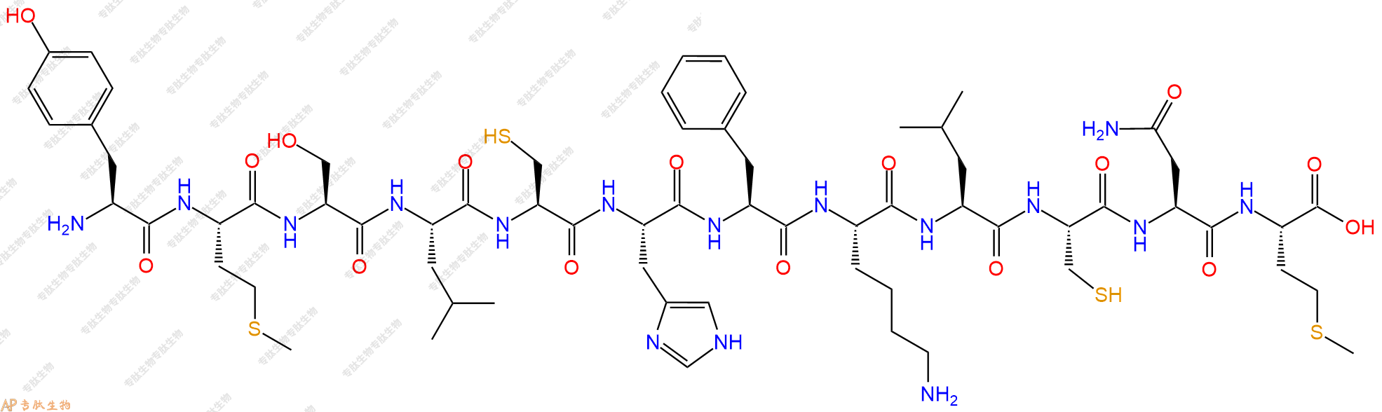 专肽生物产品H2N-Tyr-Met-Ser-Leu-Cys-His-Phe-Lys-Leu-Cys-Asn-Met-OH