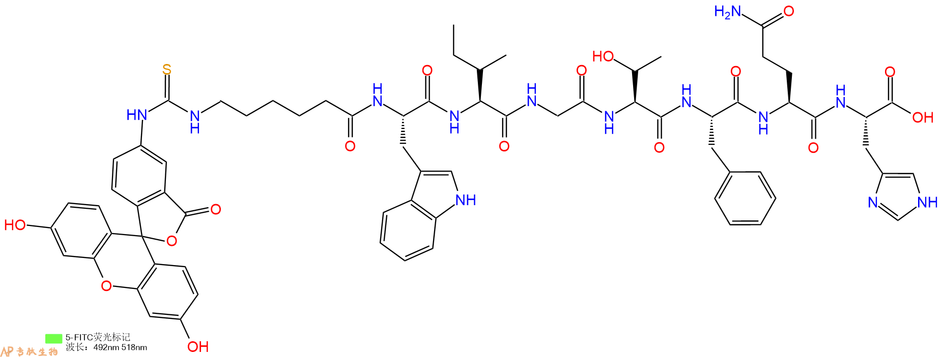 专肽生物产品5FITC-Ahx-Trp-Ile-Gly-Thr-Phe-Gln-His-OH