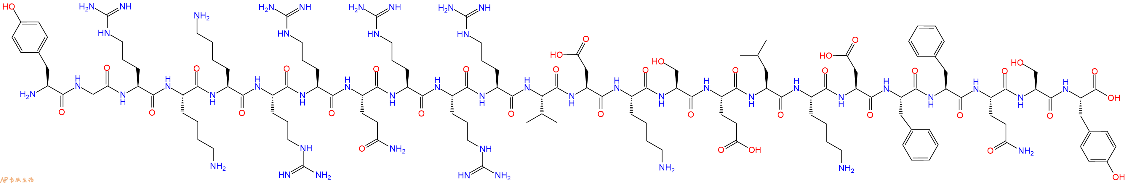 专肽生物产品H2N-Tyr-Gly-Arg-Lys-Lys-Arg-Arg-Gln-Arg-Arg-Arg-Val-Asp-Lys-Ser-Glu-Leu-Lys-Asp-Phe-Phe-Gln-Ser-Tyr-OH