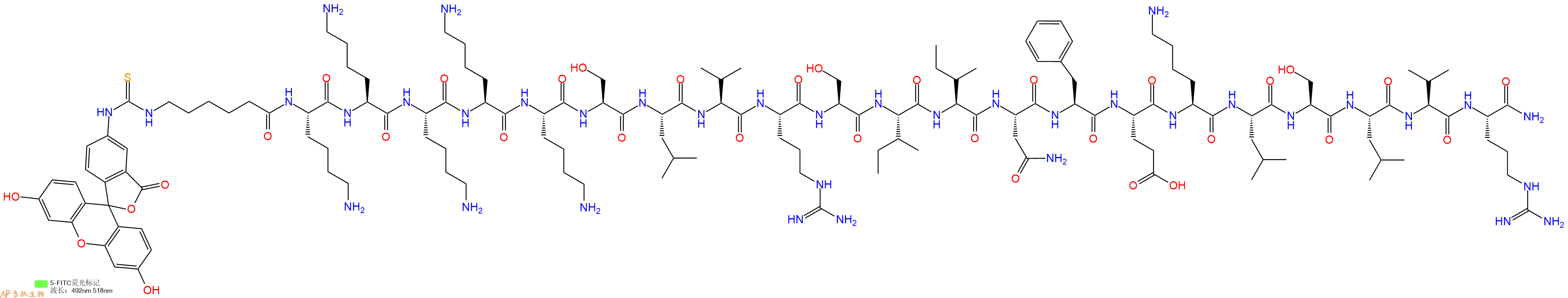 专肽生物产品5FITC-Ahx-Lys-Lys-Lys-Lys-Lys-Ser-Leu-Val-Arg-Ser-Ile-Ile-Asn-Phe-Glu-Lys-Leu-Ser-Leu-Val-Arg-NH2