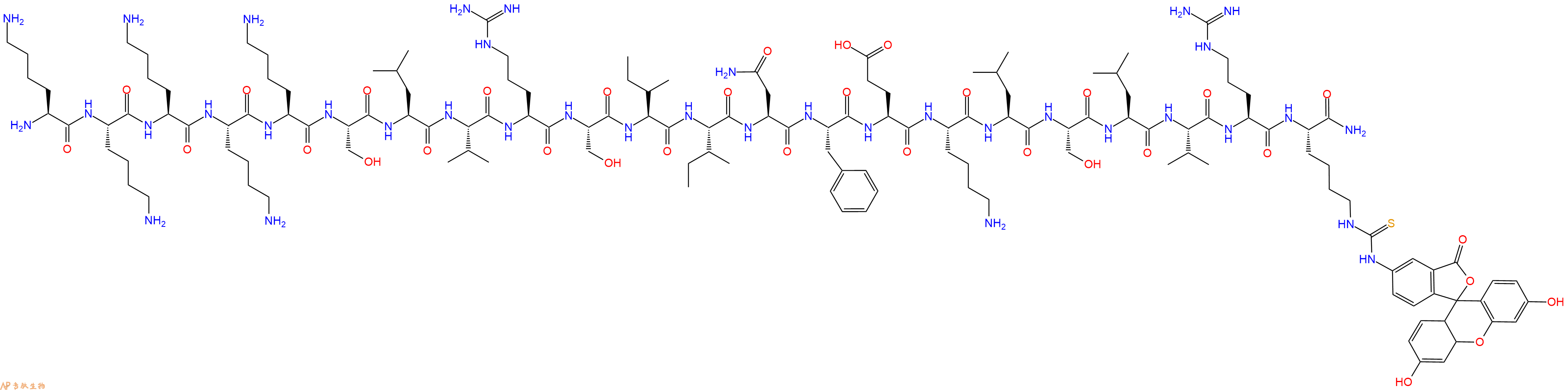 专肽生物产品H2N-Lys-Lys-Lys-Lys-Lys-Ser-Leu-Val-Arg-Ser-Ile-Ile-Asn-Phe-Glu-Lys-Leu-Ser-Leu-Val-Arg-Lys(FITC)-NH2