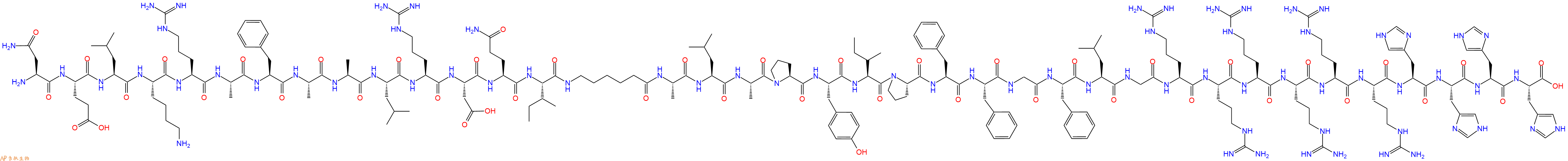 专肽生物产品H2N-Asn-Glu-Leu-Lys-Arg-Ala-Phe-Ala-Ala-Leu-Arg-Asp-Gln-Ile-Ahx-Ala-Leu-Ala-Pro-Tyr-Ile-Pro-Phe-Phe-Gly-Phe-Leu-Gly-Arg-Arg-Arg-Arg-Arg-Arg-His-His-His-His-OH