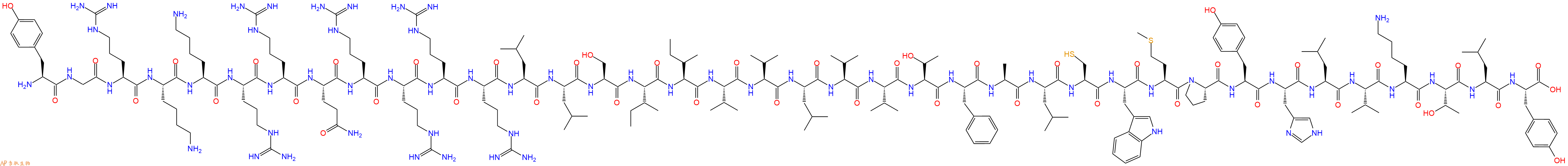 专肽生物产品H2N-Tyr-Gly-Arg-Lys-Lys-Arg-Arg-Gln-Arg-Arg-Arg-Arg-Leu-Leu-Ser-Ile-Ile-Val-Val-Leu-Val-Val-Thr-Phe-Ala-Leu-Cys-Trp-Met-Pro-Tyr-His-Leu-Val-Lys-Thr-Leu-Tyr-OH