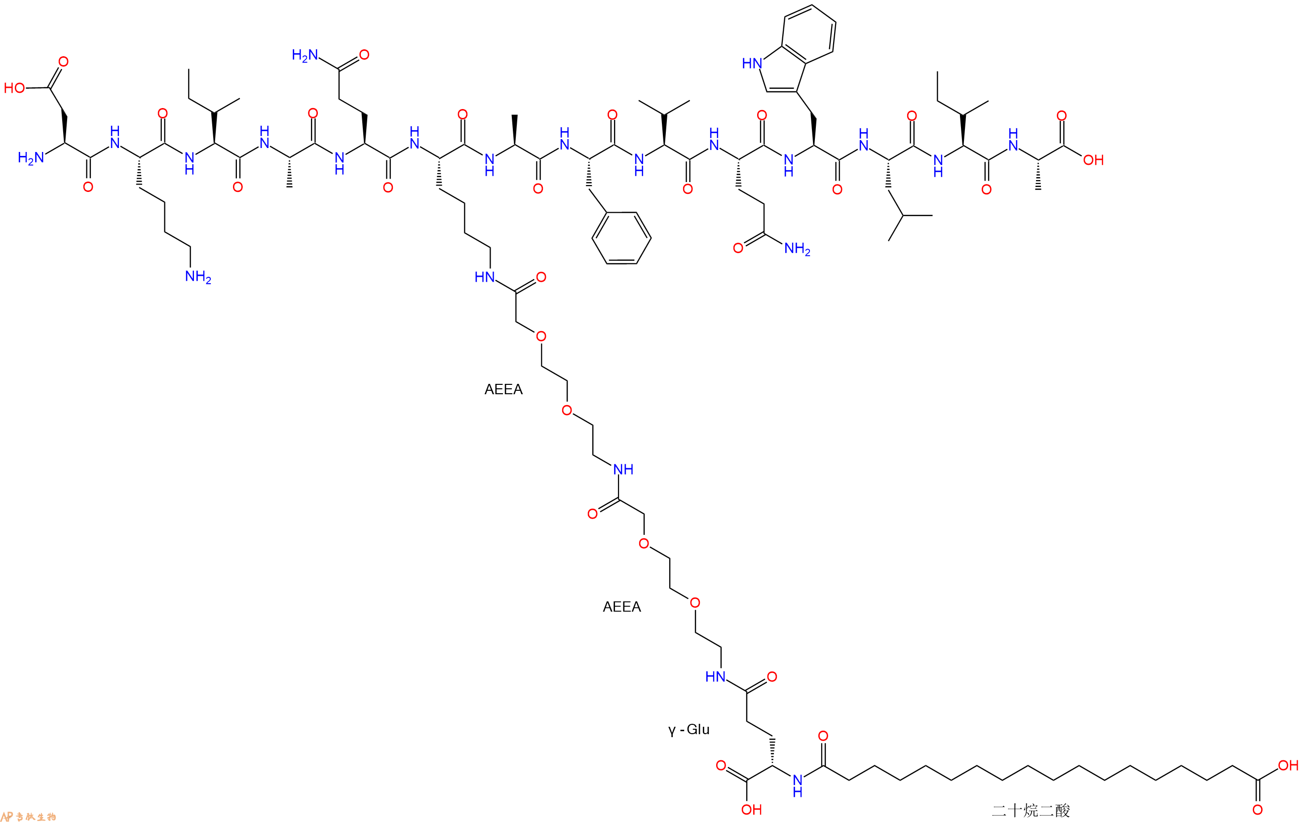 专肽生物产品H2N-Asp-Lys-Ile-Ala-Gln-Lys(替尔泊肽侧链)-Ala-Phe-Val-Gln-Trp-Leu-Ile-Ala-OH