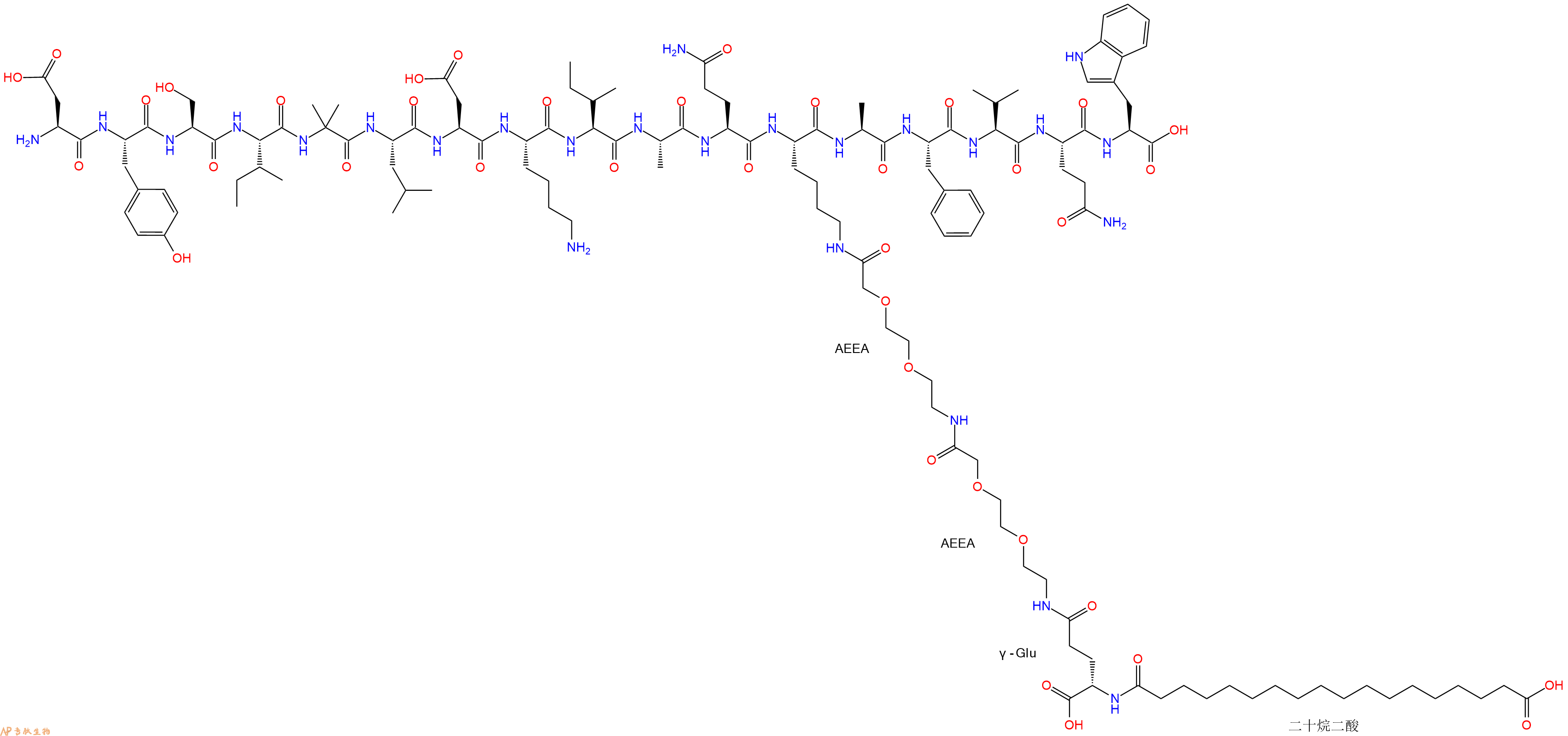 专肽生物产品H2N-Asp-Tyr-Ser-Ile-Aib-Leu-Asp-Lys-Ile-Ala-Gln-Lys(替尔泊肽侧链)-Ala-Phe-Val-Gln-Trp-OH