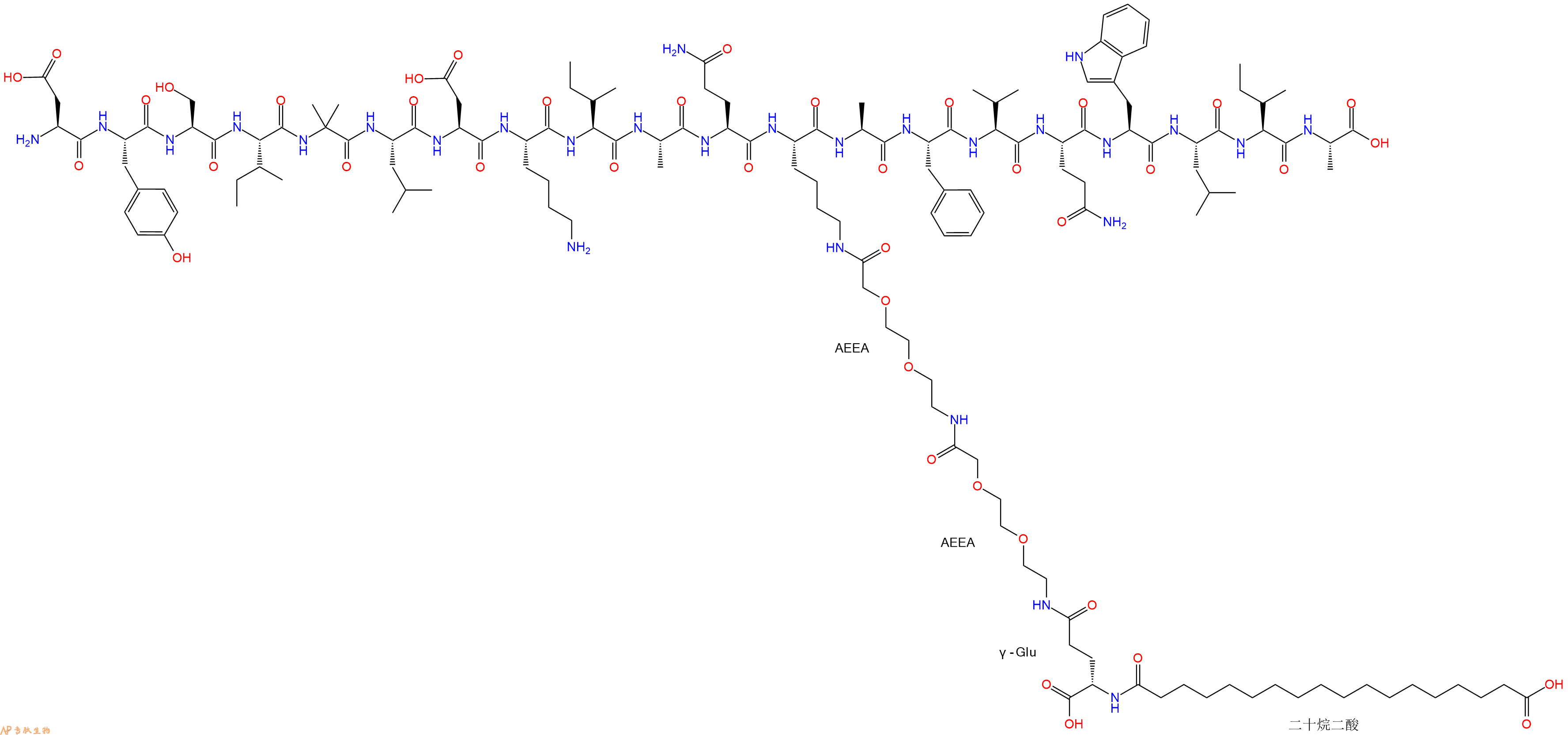 专肽生物产品H2N-Asp-Tyr-Ser-Ile-Aib-Leu-Asp-Lys-Ile-Ala-Gln-Lys(替尔泊肽侧链)-Ala-Phe-Val-Gln-Trp-Leu-Ile-Ala-OH