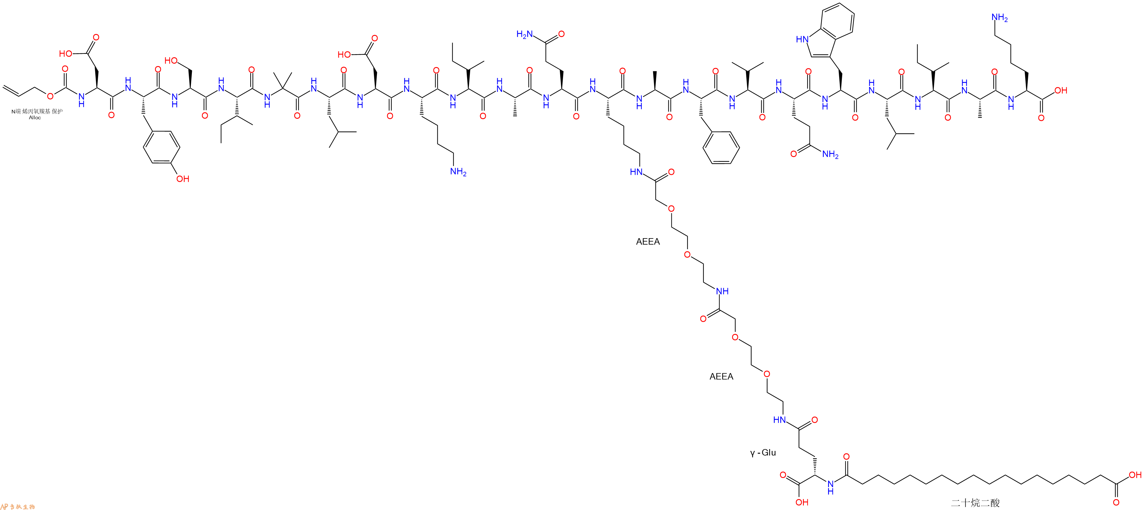 专肽生物产品Alloc-Asp-Tyr-Ser-Ile-Aib-Leu-Asp-Lys-Ile-Ala-Gln-Lys(替尔泊肽侧链)-Ala-Phe-Val-Gln-Trp-Leu-Ile-Ala-Lys-OH