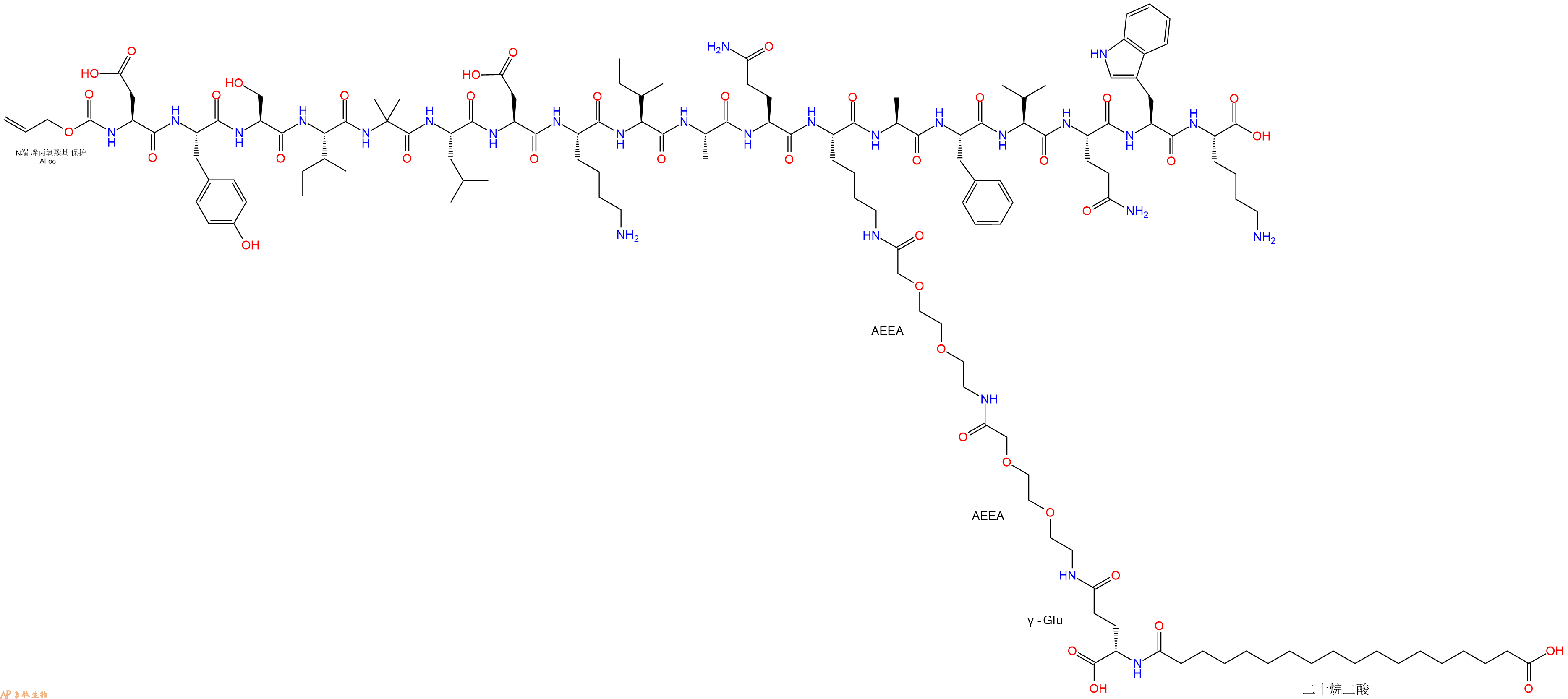 专肽生物产品Alloc-Asp-Tyr-Ser-Ile-Aib-Leu-Asp-Lys-Ile-Ala-Gln-Lys(替尔泊肽侧链)-Ala-Phe-Val-Gln-Trp-Lys-OH