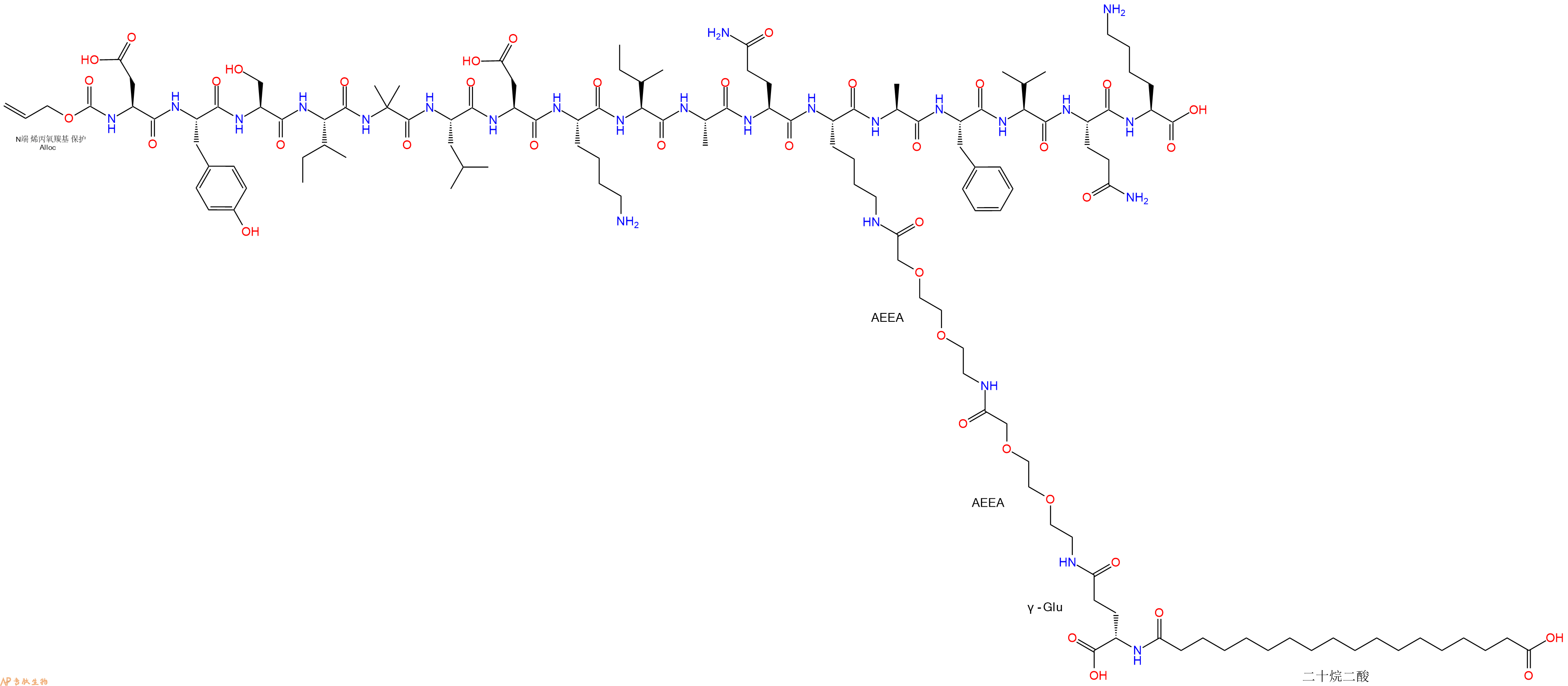 专肽生物产品Alloc-Asp-Tyr-Ser-Ile-Aib-Leu-Asp-Lys-Ile-Ala-Gln-Lys(替尔泊肽侧链)-Ala-Phe-Val-Gln-Lys-OH