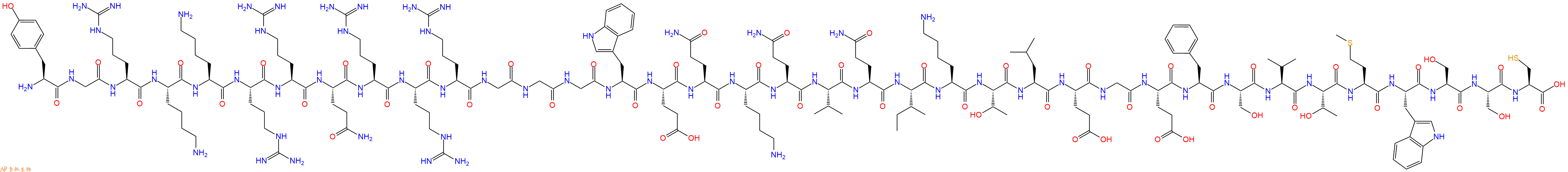 专肽生物产品H2N-Tyr-Gly-Arg-Lys-Lys-Arg-Arg-Gln-Arg-Arg-Arg-Gly-Gly-Gly-Trp-Glu-Gln-Lys-Gln-Val-Gln-Ile-Lys-Thr-Leu-Glu-Gly-Glu-Phe-Ser-Val-Thr-Met-Trp-Ser-Ser-Cys-OH